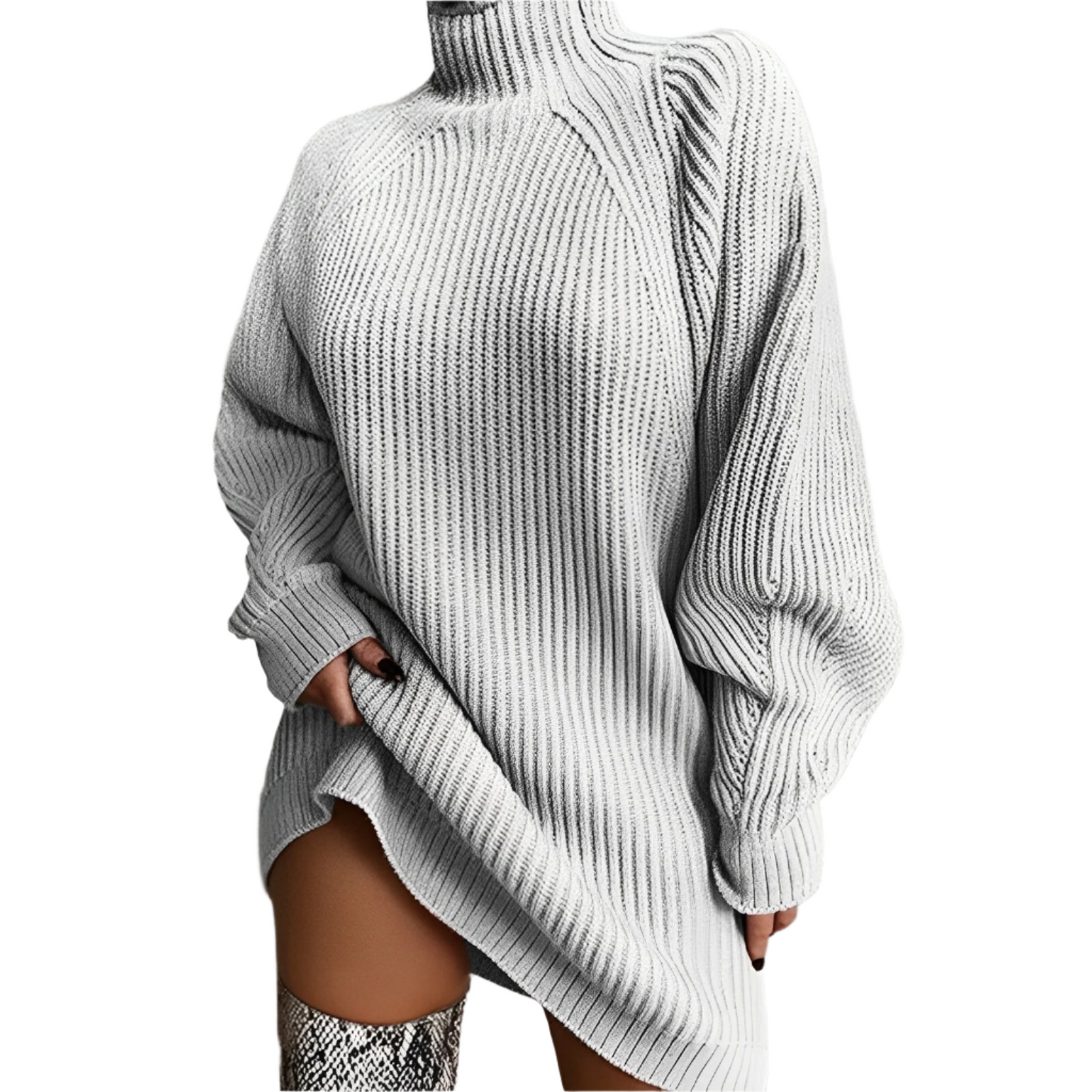 Winter Langes Geripptes Strickkleid Pullover Stil Damen