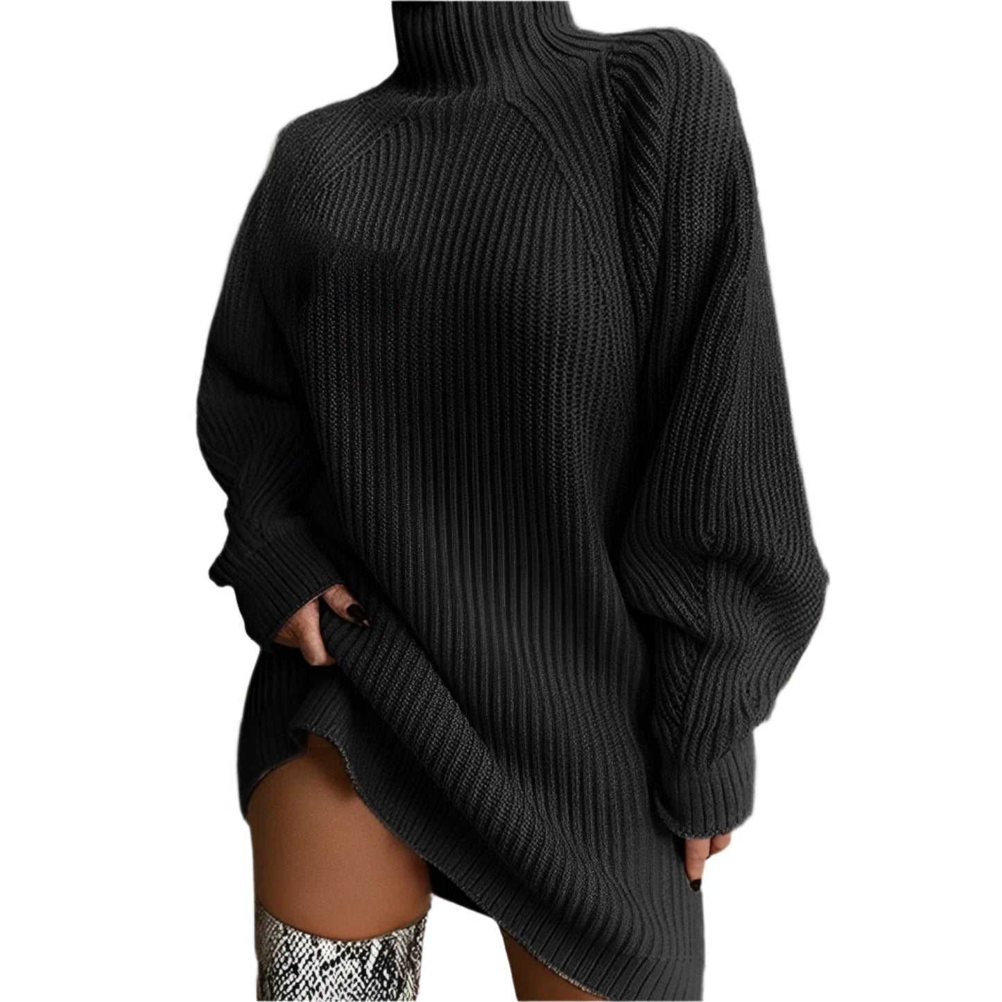 Winter Langes Geripptes Strickkleid Pullover Stil Damen