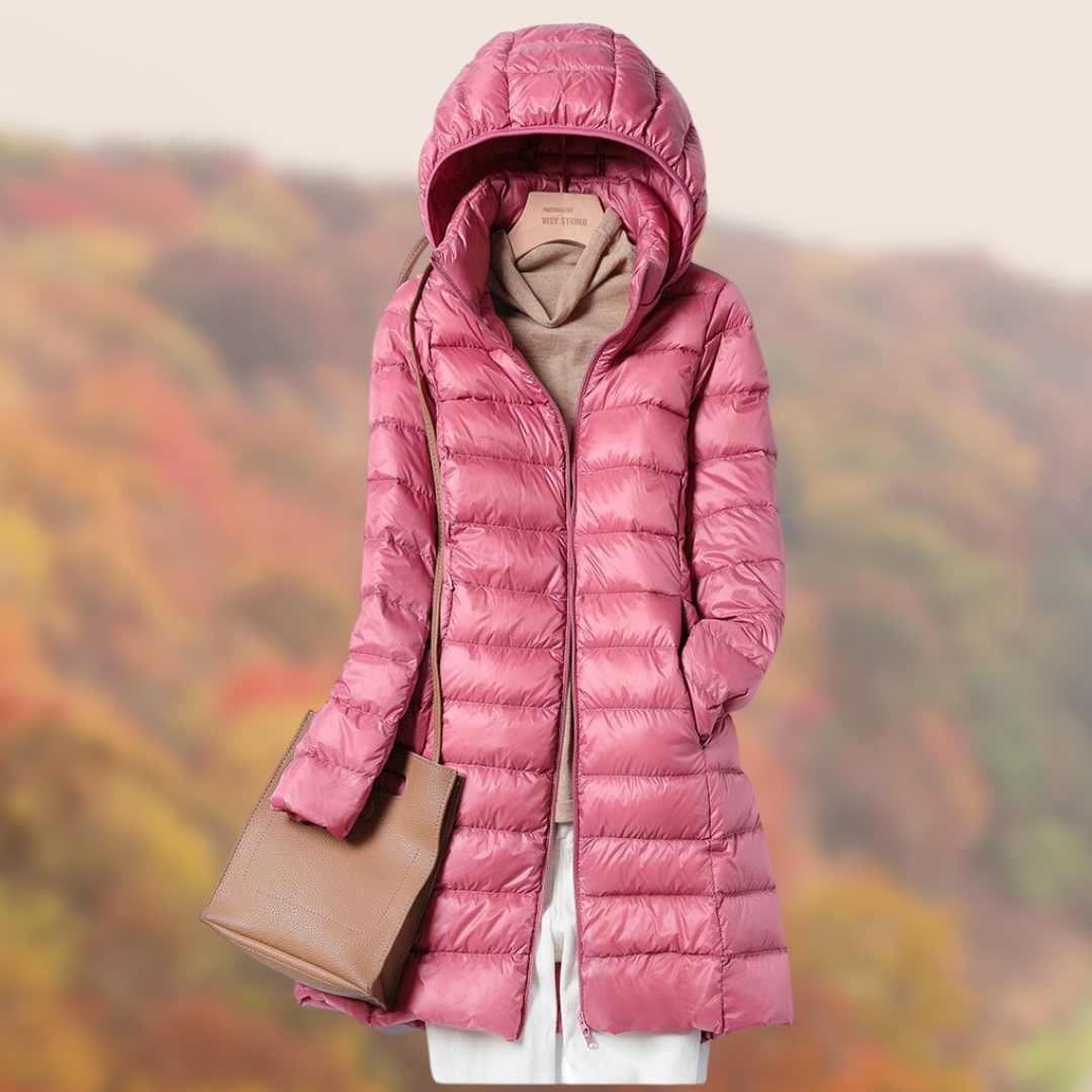 Lange Kapuzenpufferjacke für Damen