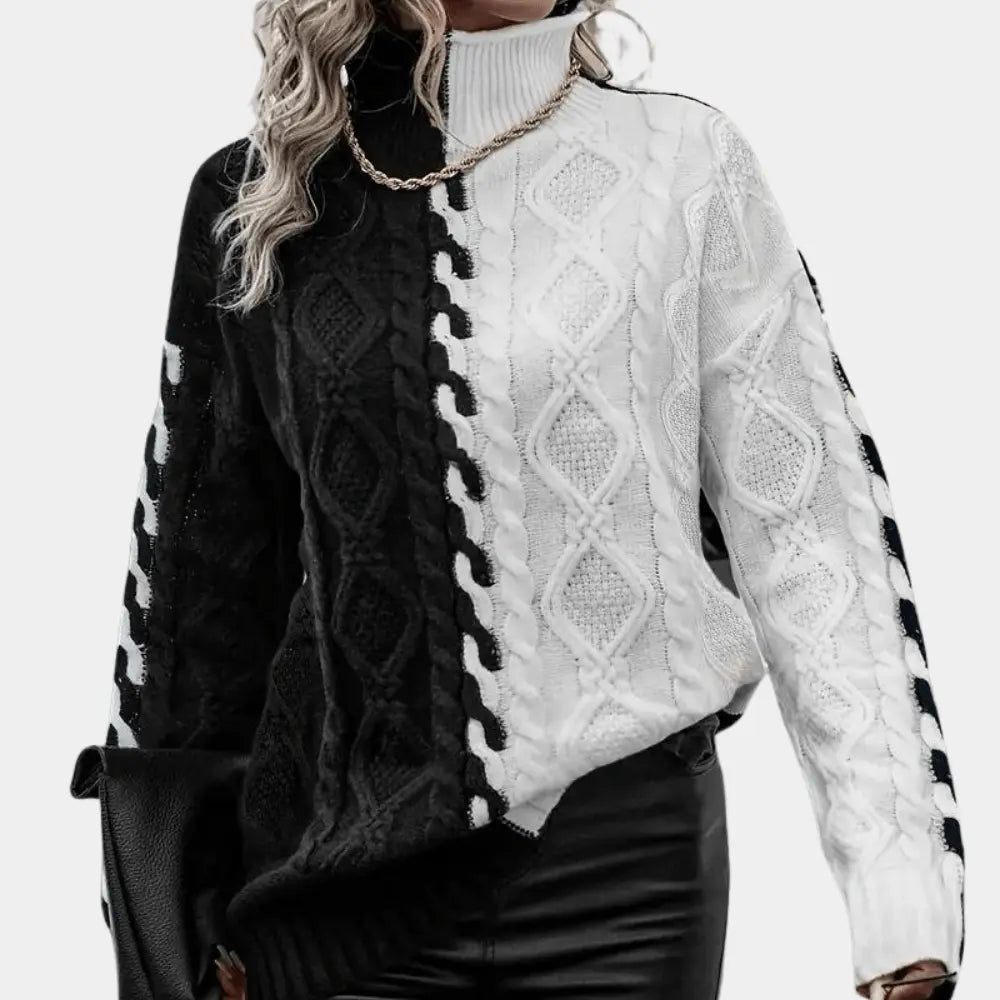 Colorblock Zopfmuster Rollkragenpullover Winter Damen