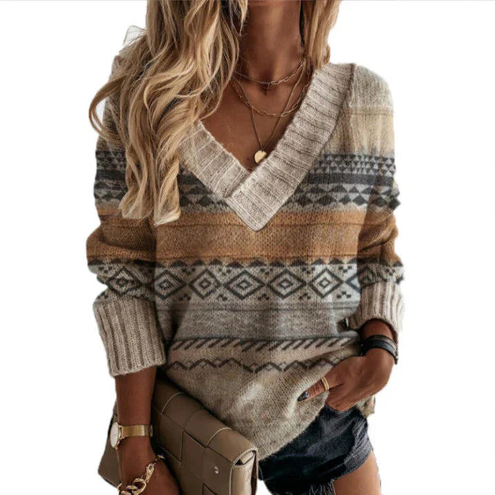 Strickpullover mit V-Ausschnitt und Leopardenmuster Winter Damen