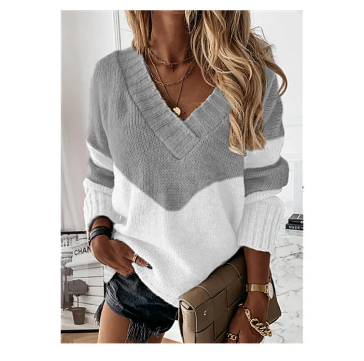 Strickpullover mit V-Ausschnitt und Leopardenmuster Winter Damen