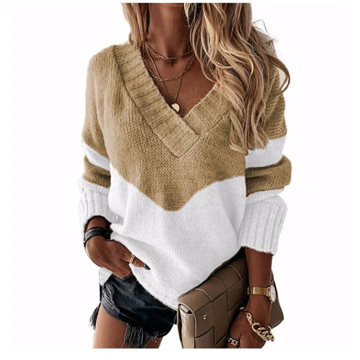 Strickpullover mit V-Ausschnitt und Leopardenmuster Winter Damen