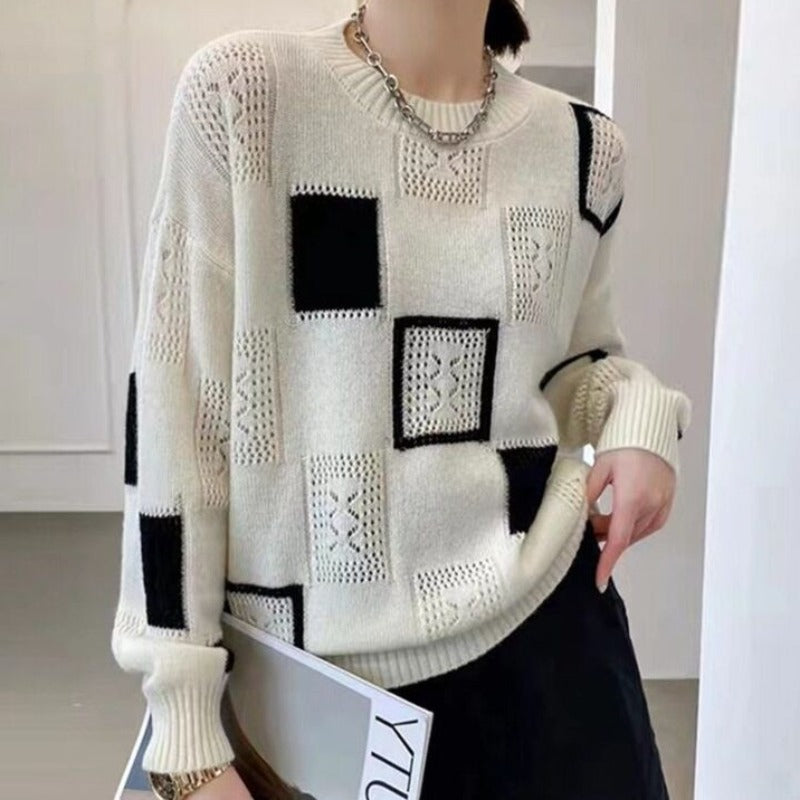 Moderner Strickpullover mit Blockmuster Winter Damen