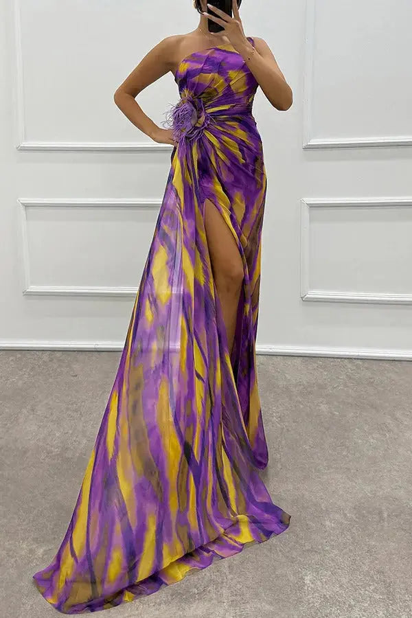 Damen Trägerloses Langes Kleid Mit Print Design