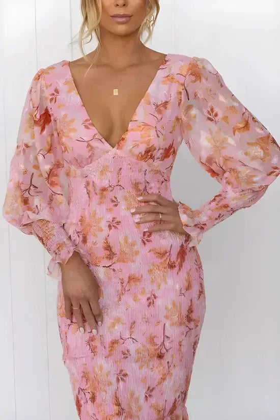 Tailliertes Transparentärmel Rüschen Saum Midikleid für Damen