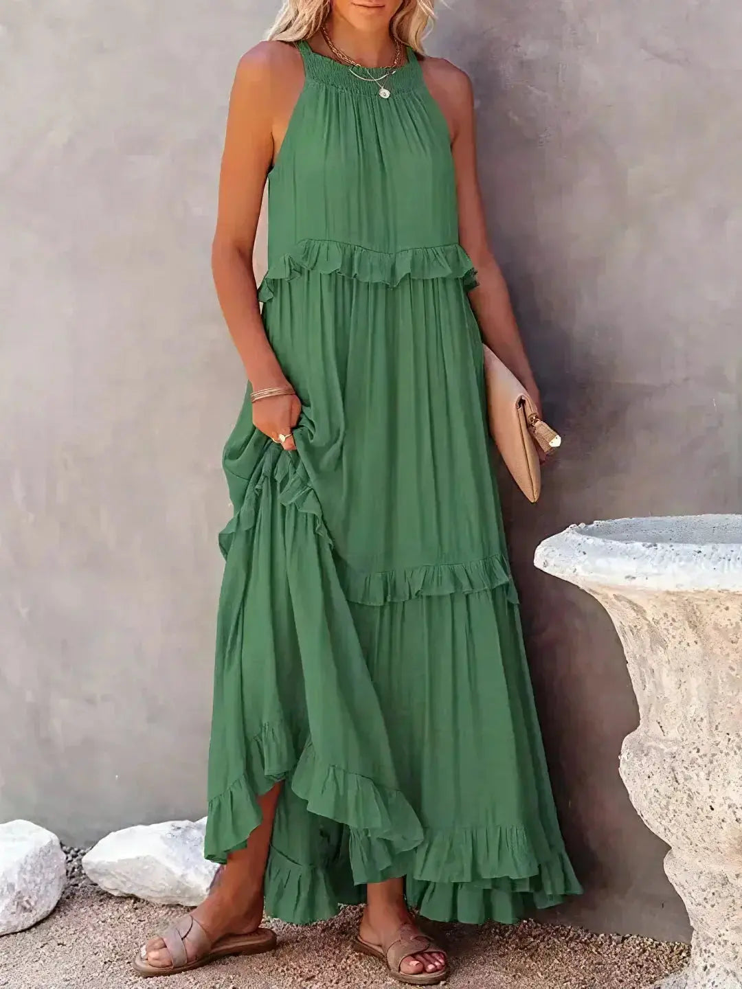 Damen Ärmelloses Maxikleid Mit Rüschen Saum