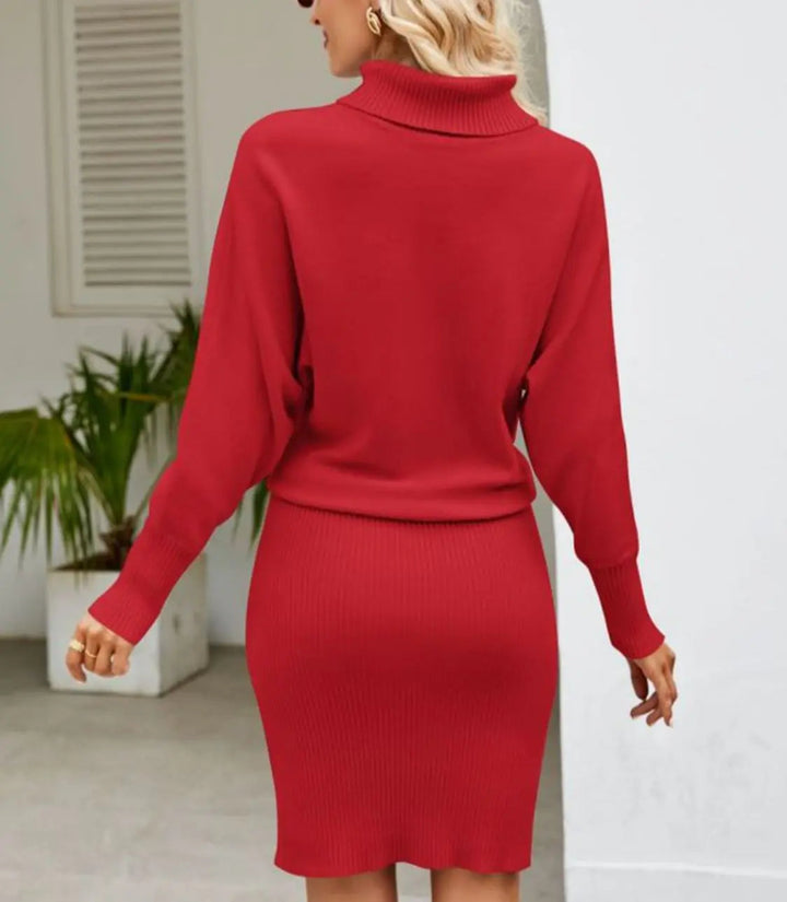 Langärmliges Geripptes Minikleid mit Hohem Kragen für Damen