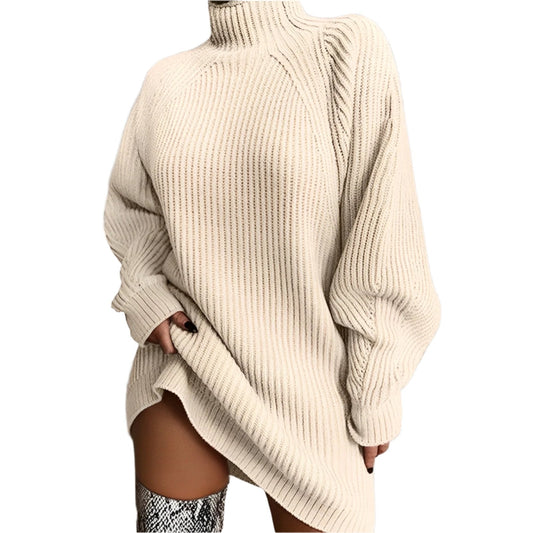 Winter Langes Geripptes Strickkleid Pullover Stil Damen