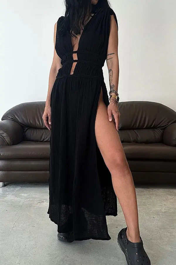 Cut Out Taille Ärmelloses Tiefer Ausschnitt Maxikleid Für Damen
