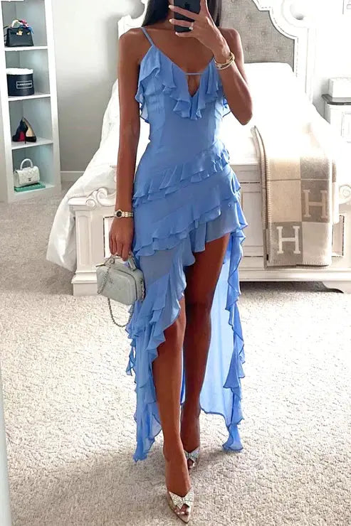 Lagen Rüschen Maxikleid mit Hohem Schlitz für Damen