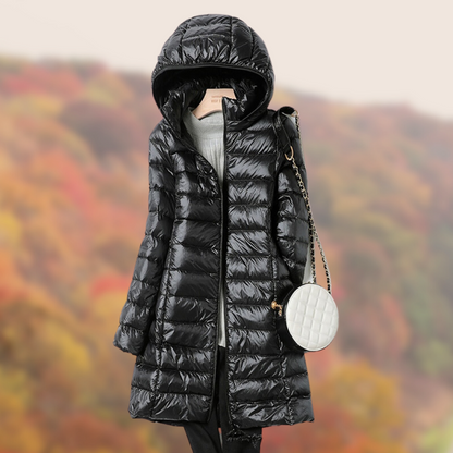 Lange Kapuzenpufferjacke für Damen