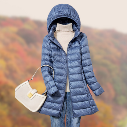 Lange Kapuzenpufferjacke für Damen