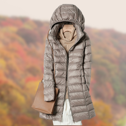Lange Kapuzenpufferjacke für Damen