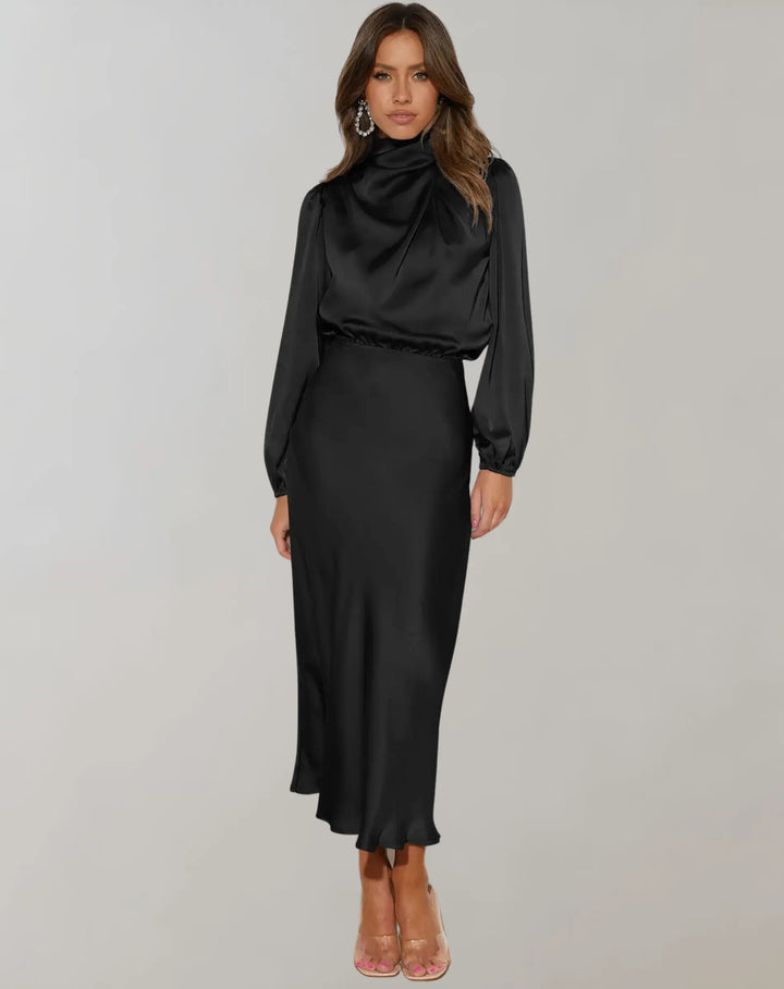 Hoher Kragen Langarm Elegantes Midikleid Für Damen
