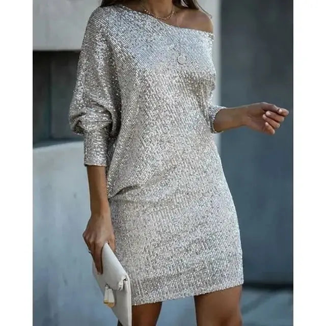 Glitzer Kleid mit Einer Schulter Locker Geschnitten Kurz für Damen
