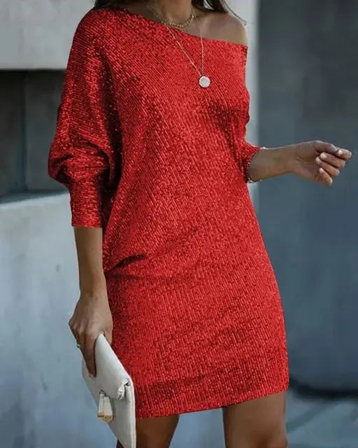 Glitzer Kleid mit Einer Schulter Locker Geschnitten Kurz für Damen
