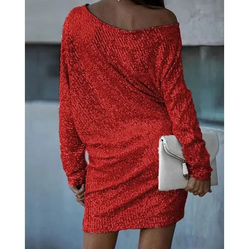 Glitzer Kleid mit Einer Schulter Locker Geschnitten Kurz für Damen