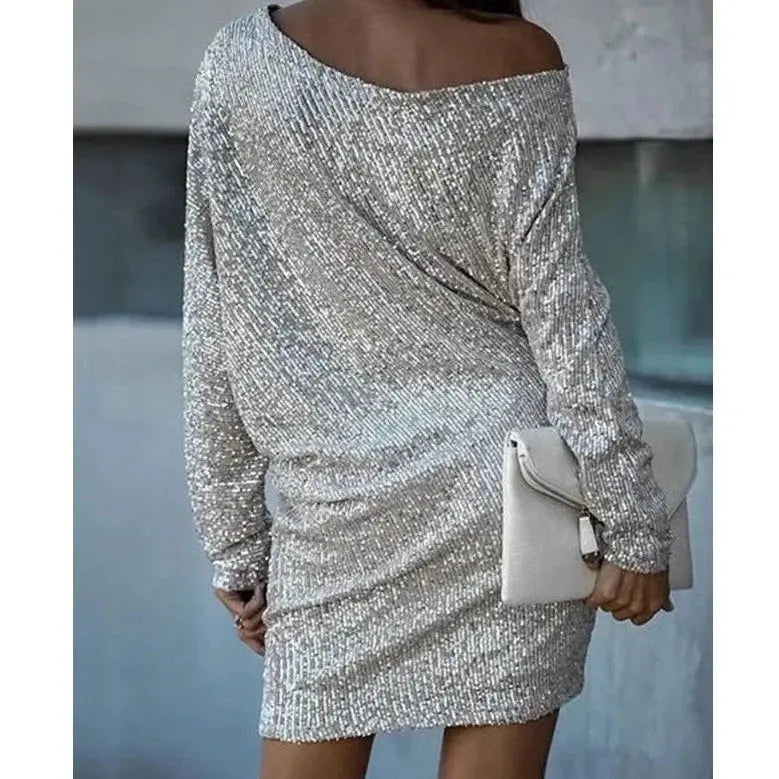 Glitzer Kleid mit Einer Schulter Locker Geschnitten Kurz für Damen