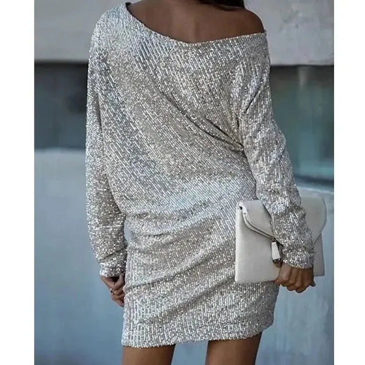 Glitzer Kleid mit Einer Schulter Locker Geschnitten Kurz für Damen