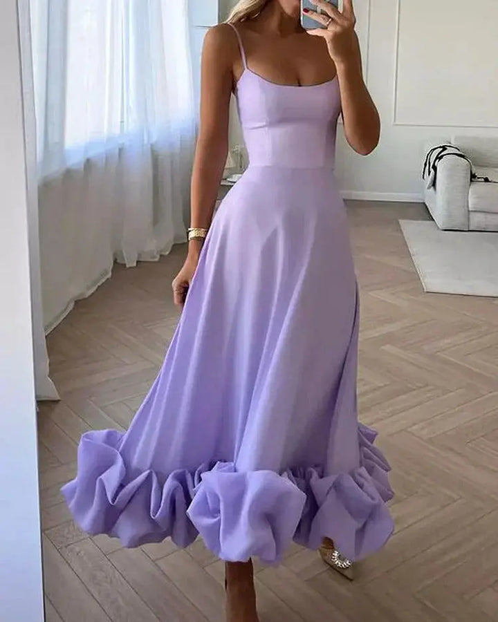 Damen Midikleid mit Verspieltem Rüschen Saum Design