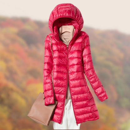 Lange Kapuzenpufferjacke für Damen