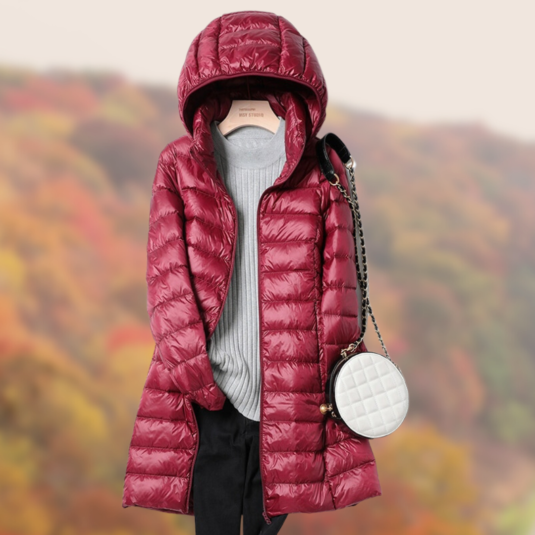 Lange Kapuzenpufferjacke für Damen