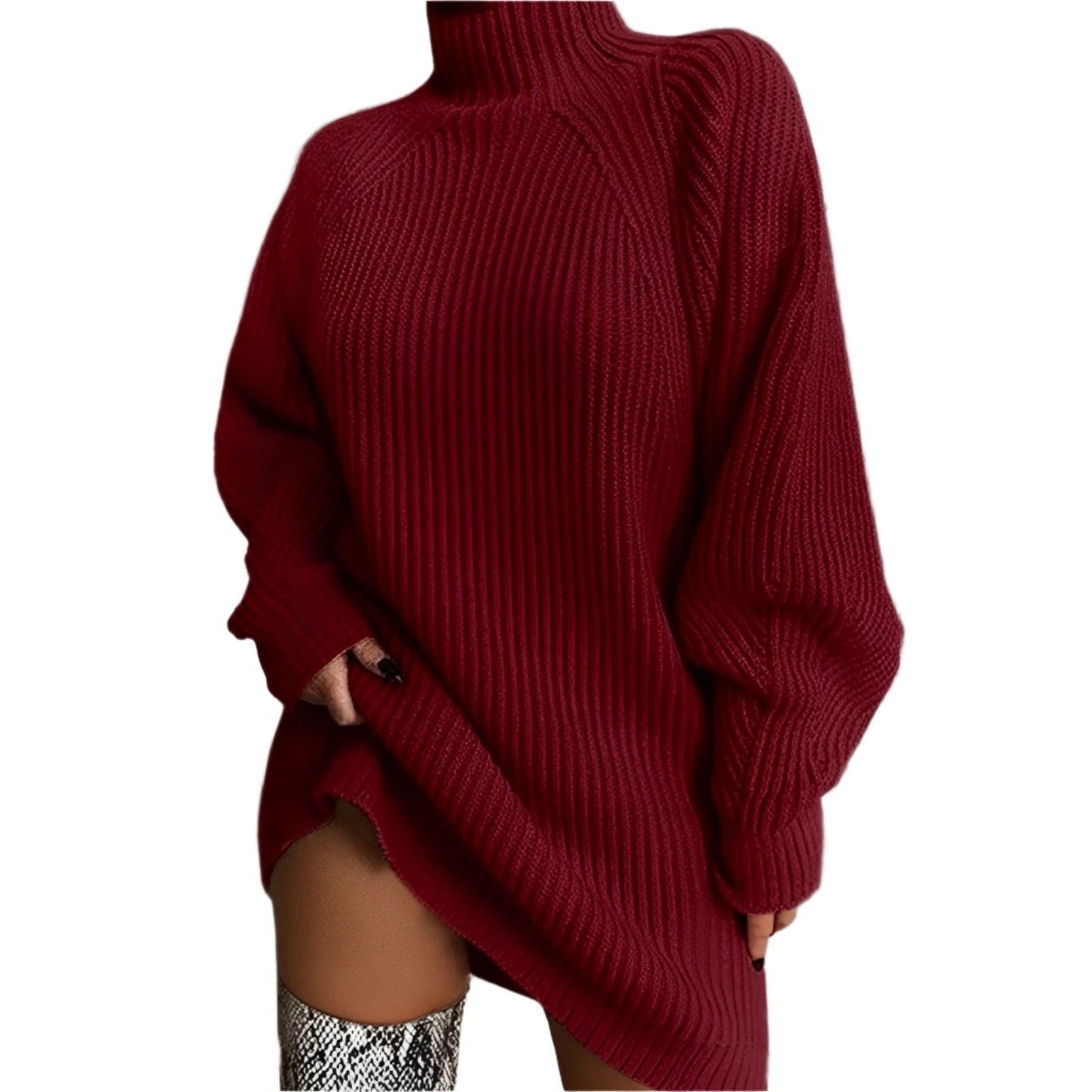 Winter Langes Geripptes Strickkleid Pullover Stil Damen