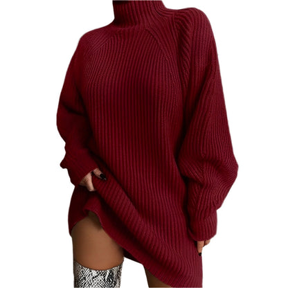 Winter Langes Geripptes Strickkleid Pullover Stil Damen