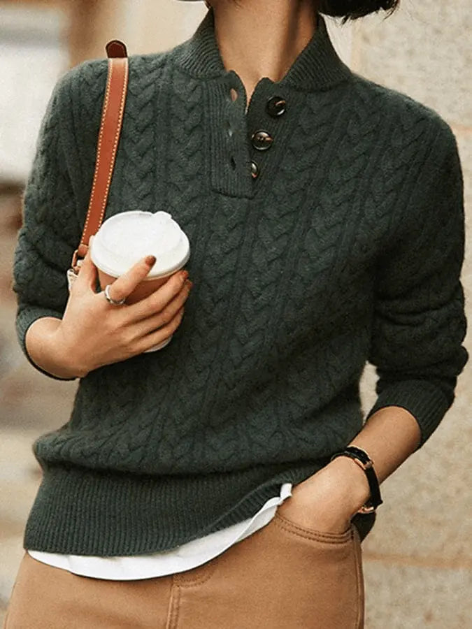 Zopfmuster Knopf Strickpullover für Gemütliche Winter Damen