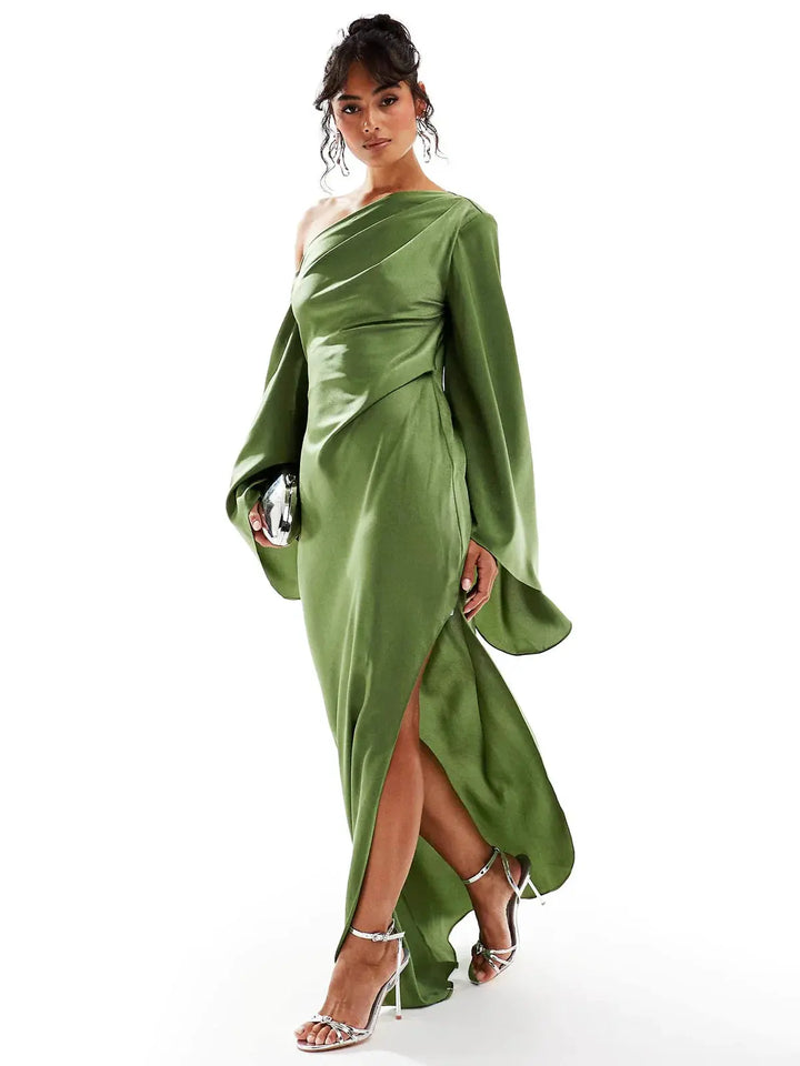 Langarm Schulterfreies Drapierte Taille Maxikleid Für Damen