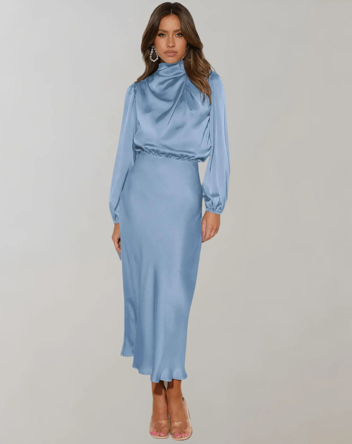 Hoher Kragen Langarm Elegantes Midikleid Für Damen