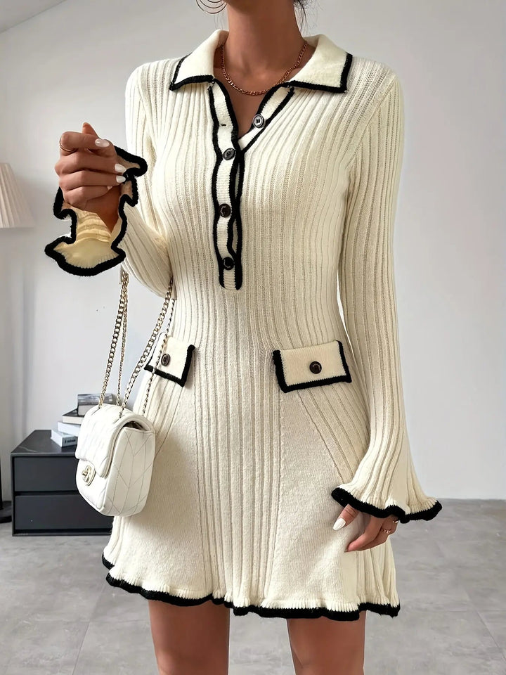 Damen Minikleid mit Kragen, Knöpfen und Taschen Details