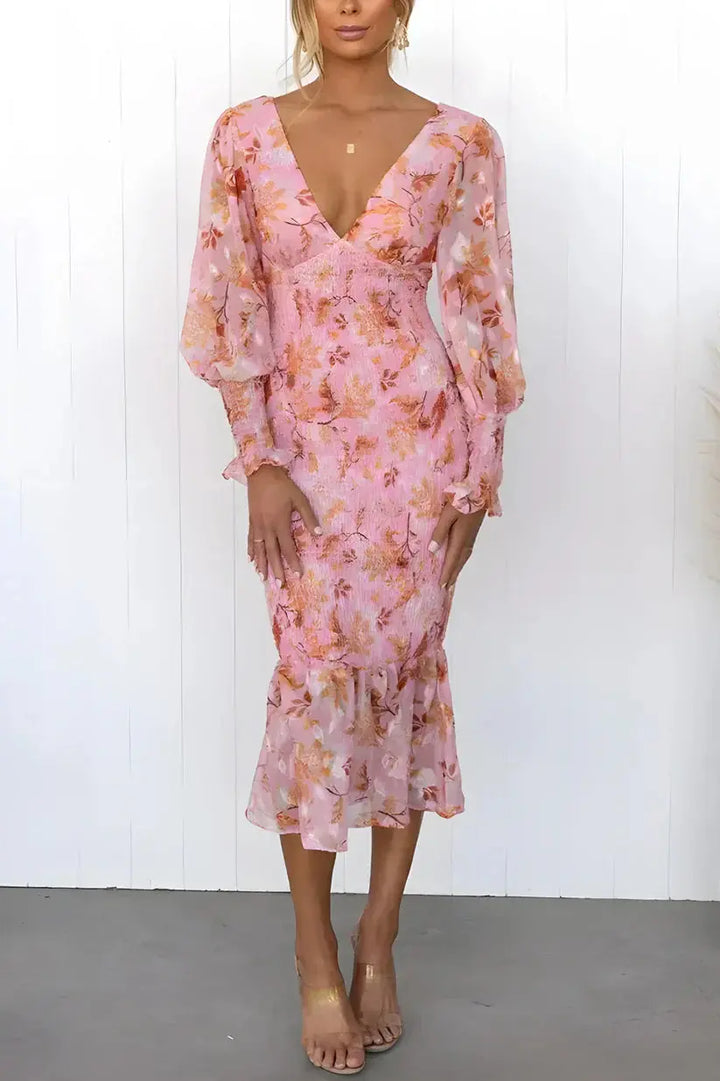 Tailliertes Transparentärmel Rüschen Saum Midikleid für Damen