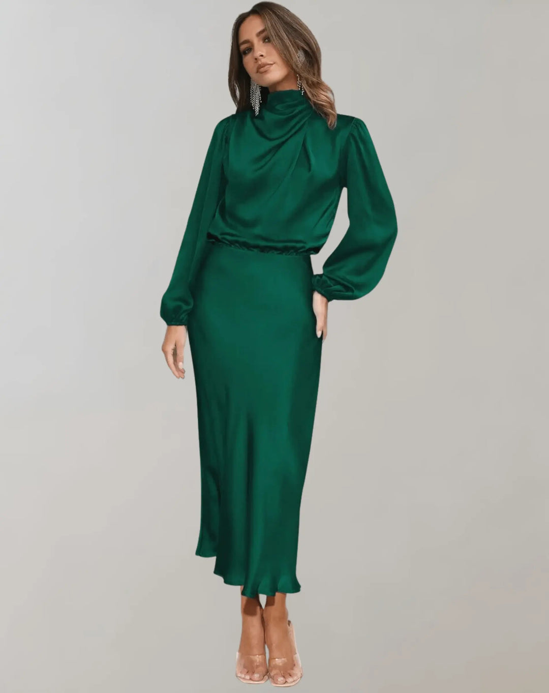 Hoher Kragen Langarm Elegantes Midikleid Für Damen