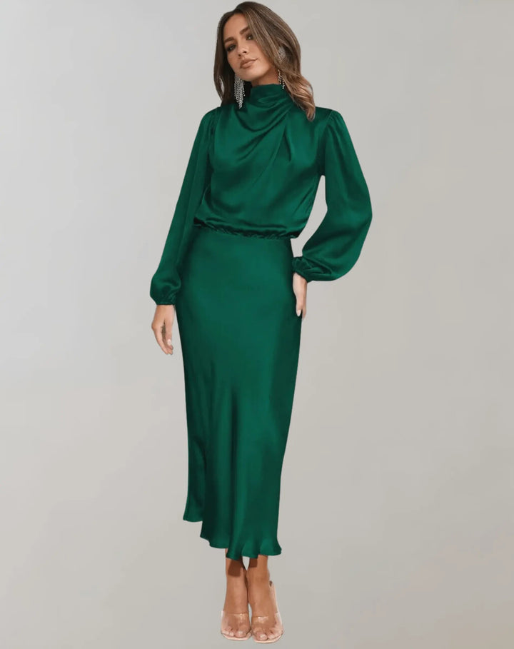 Hoher Kragen Langarm Elegantes Midikleid Für Damen
