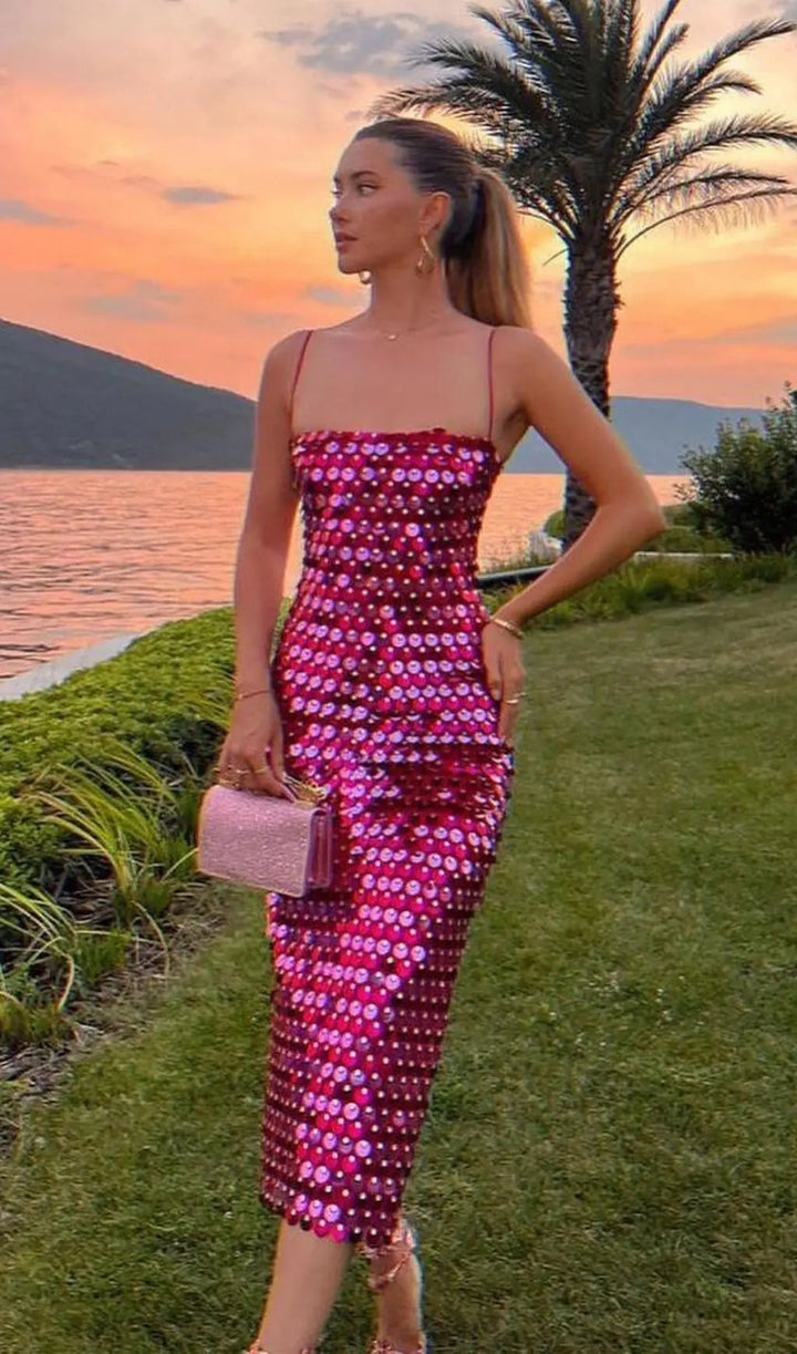 Midikleid mit Spaghettiträgern und Vollständiger Paillettenverzierung Für Damen