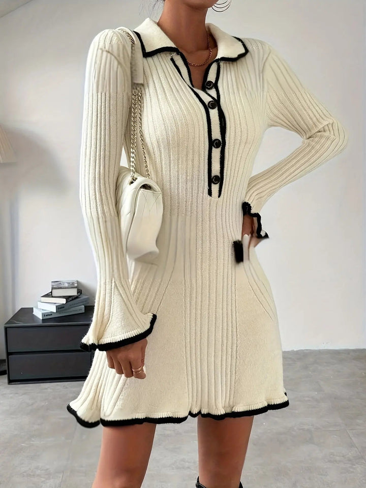 Damen Minikleid mit Kragen, Knöpfen und Taschen Details