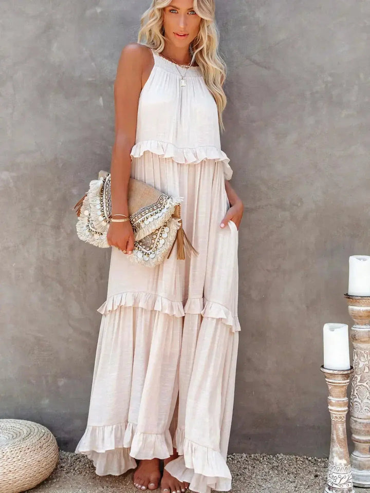 Damen Ärmelloses Maxikleid Mit Rüschen Saum
