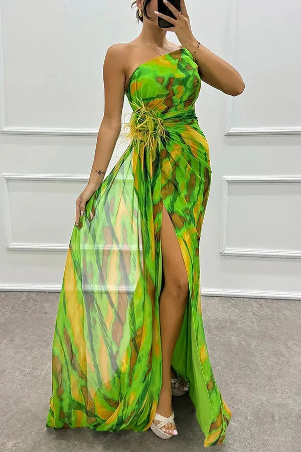 Damen Trägerloses Langes Kleid Mit Print Design