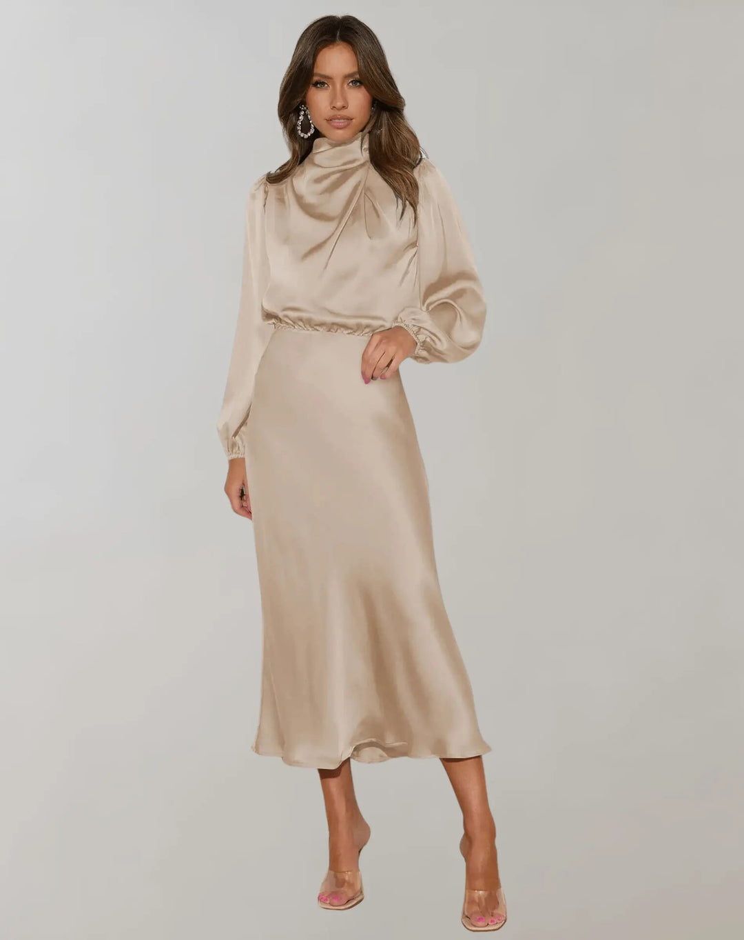 Hoher Kragen Langarm Elegantes Midikleid Für Damen