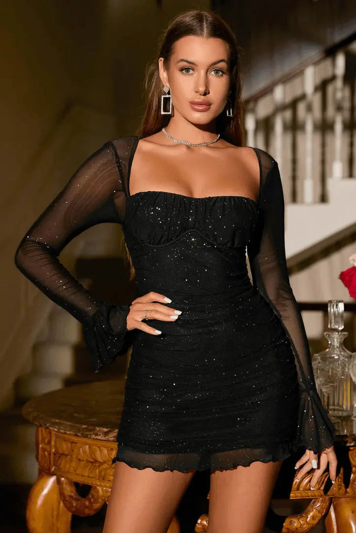 Langärmliges Glitzer Minikleid Rückenfrei Transparent für Damen