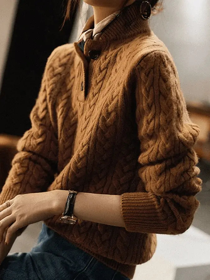 Zopfmuster Knopf Strickpullover für Gemütliche Winter Damen