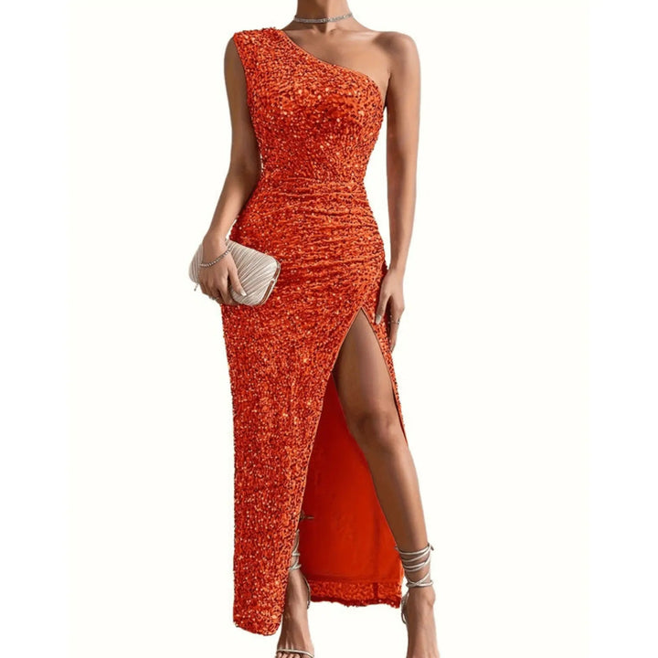 Schmal Geschnittenes Ein Schulter Pailletten Maxikleid Für Damen