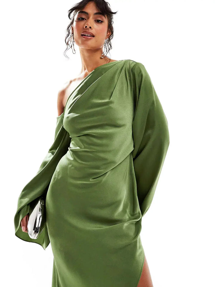 Langarm Schulterfreies Drapierte Taille Maxikleid Für Damen