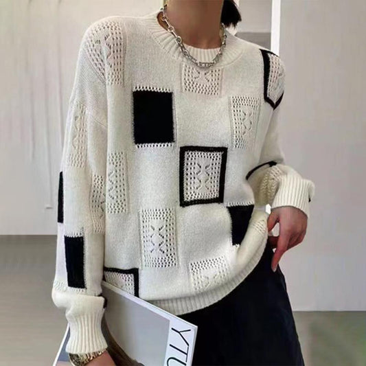 Moderner Strickpullover mit Blockmuster Winter Damen