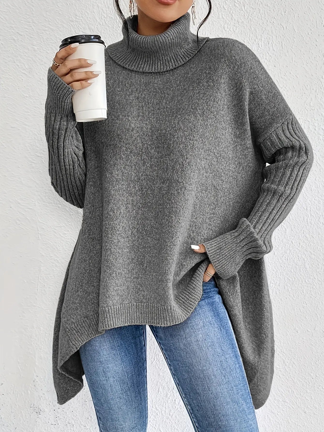 Oversize Rollkragen Asymmetrischer Winterpullover Damen