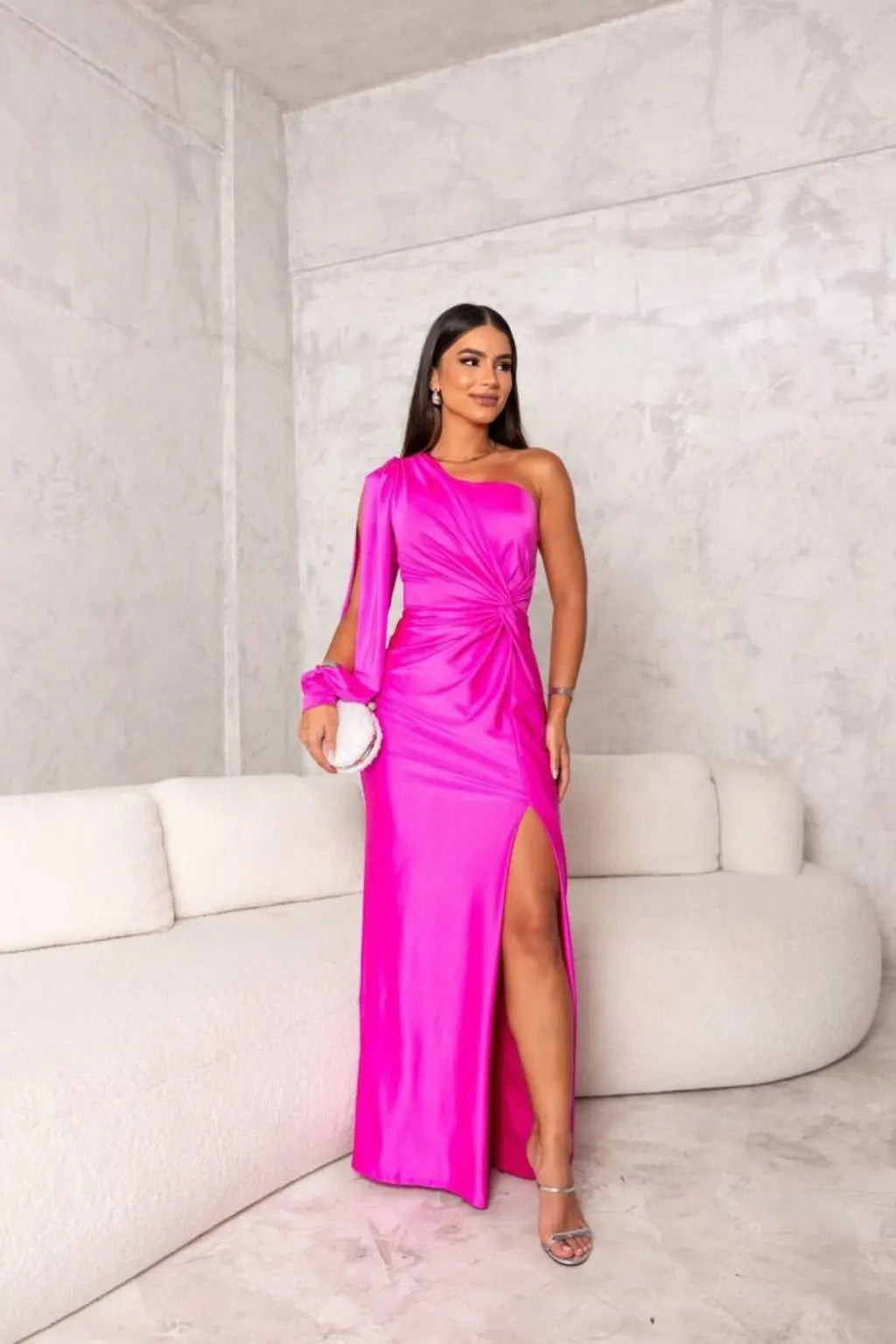 Ein Schulter Langarm Schmal Geschnittenes Maxikleid Für Damen