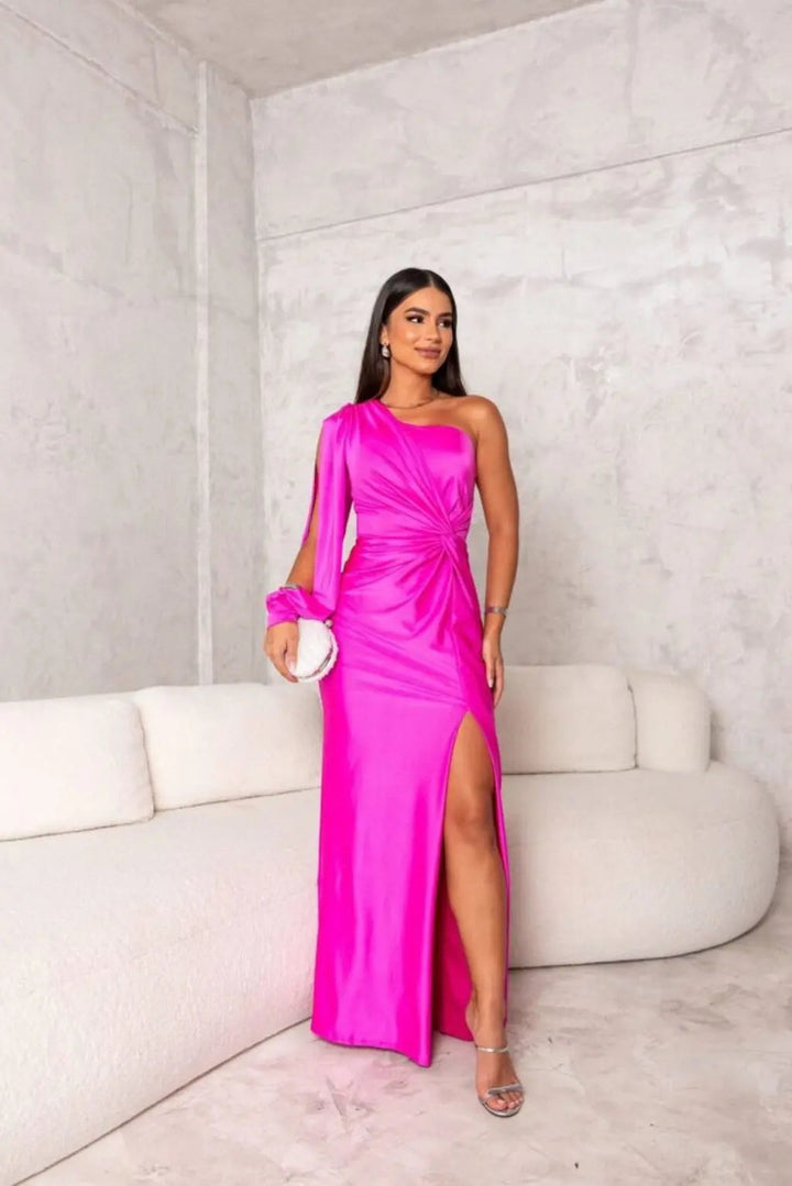 Ein Schulter Langarm Schmal Geschnittenes Maxikleid Für Damen