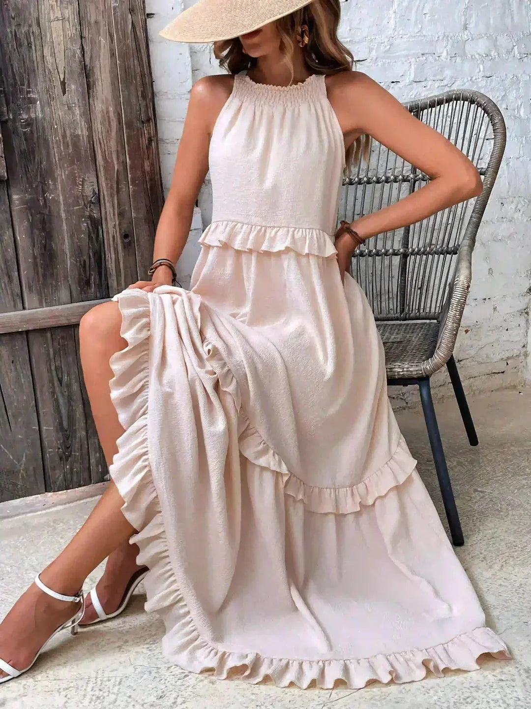 Damen Ärmelloses Maxikleid Mit Rüschen Saum